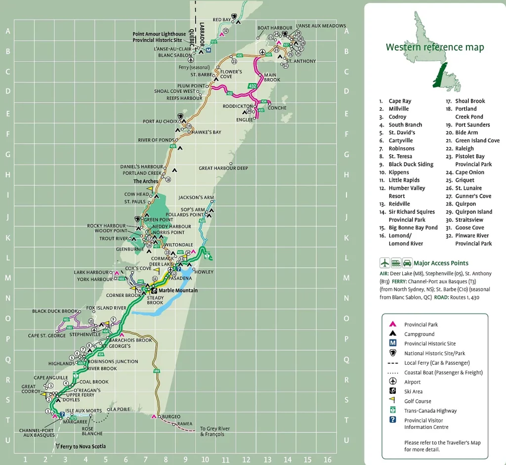 This map shows cities, towns, the Trans-Canada highway, secondary roads, national parks, provincial parks, campgrounds, provincial/national historic sites, airports, local ferries, summer ferries, ski areas, golf courses, and provincial visitor information centers in Western Newfoundland.