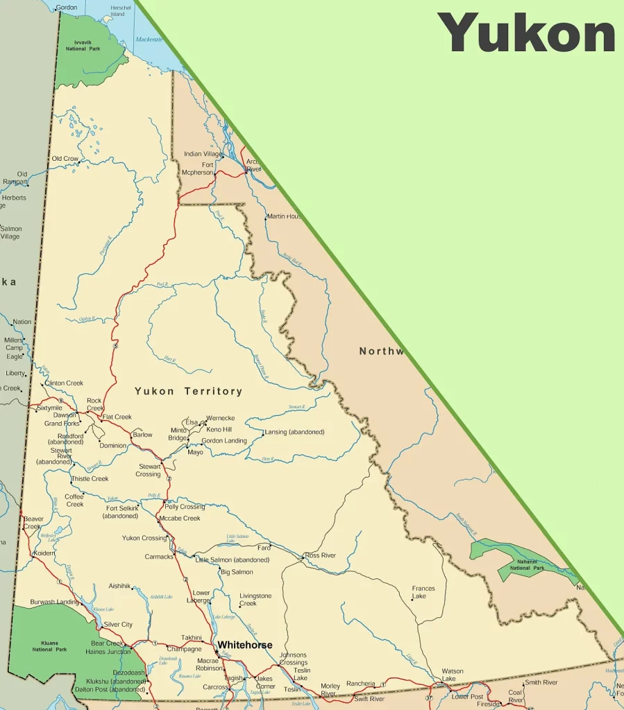 This map shows Yukon's cities, towns, highways, main roads, secondary roads, rivers, lakes, national parks, and provincial parks.