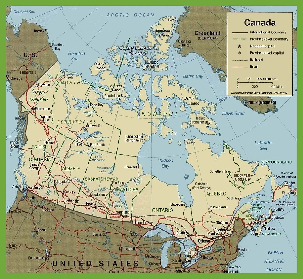 This map shows cities, roads, and railroads in Canada.